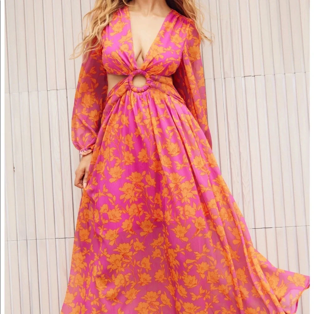 Pink and Orange floral long sleeve maxi dress with cutouts. - Picture 3 of 8
